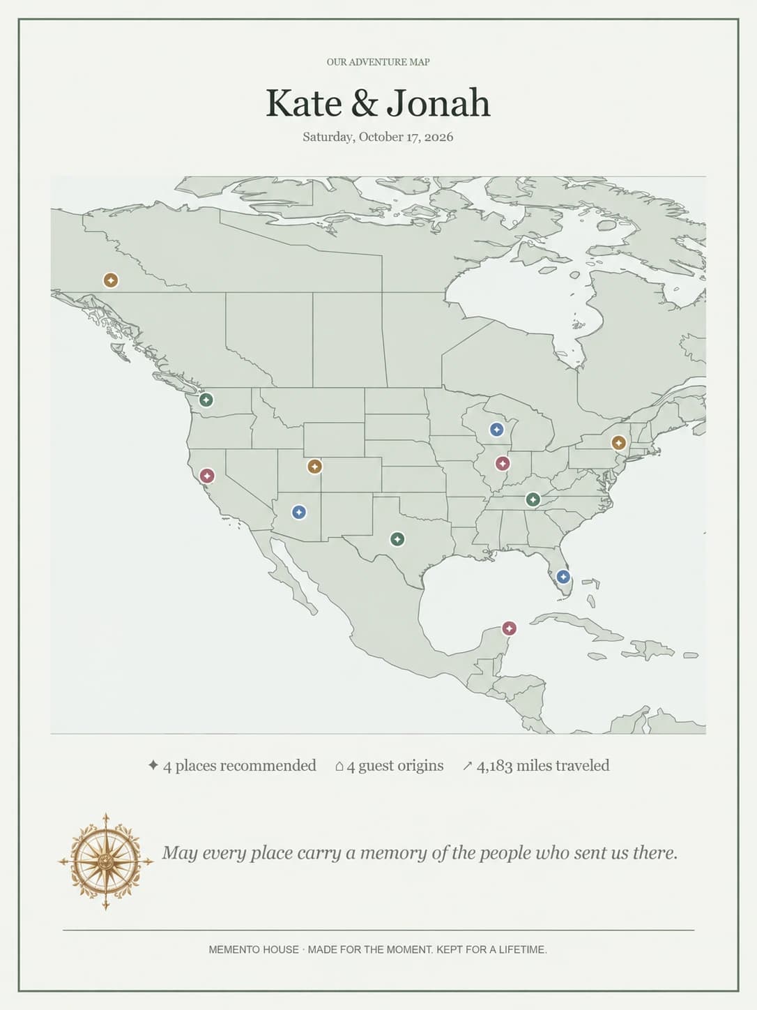 Digital sample Memento Map export for Kate and Jonah using fictional contribution data