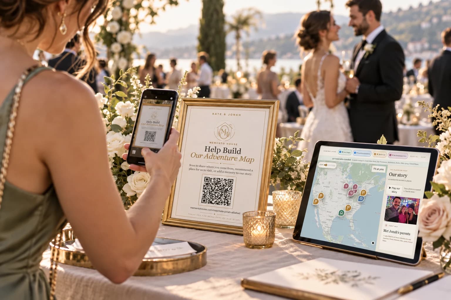 A guest scanning a Memento Map invitation at a wedding