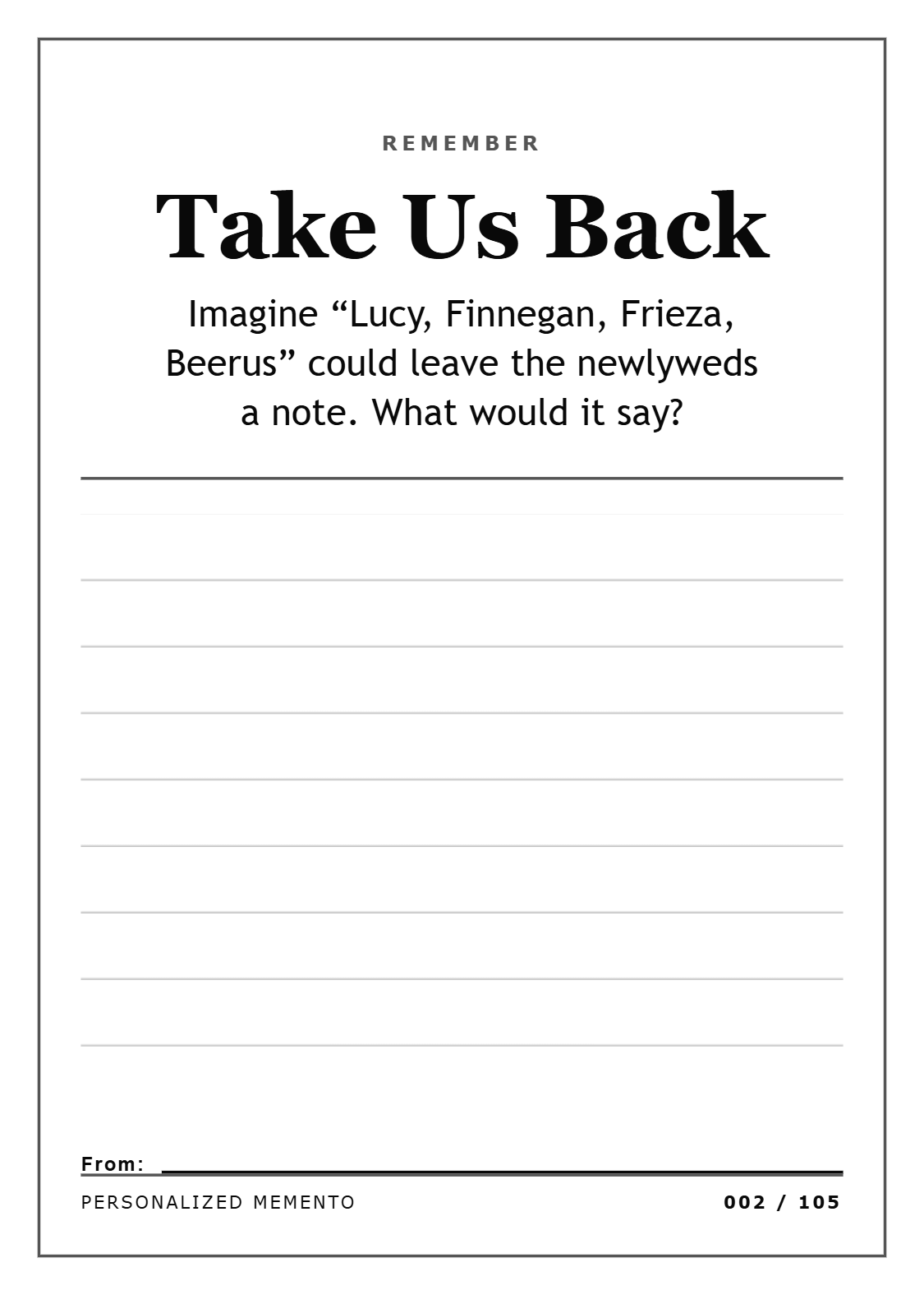 A personalized Story-tier Rare Card referencing the couple’s pets