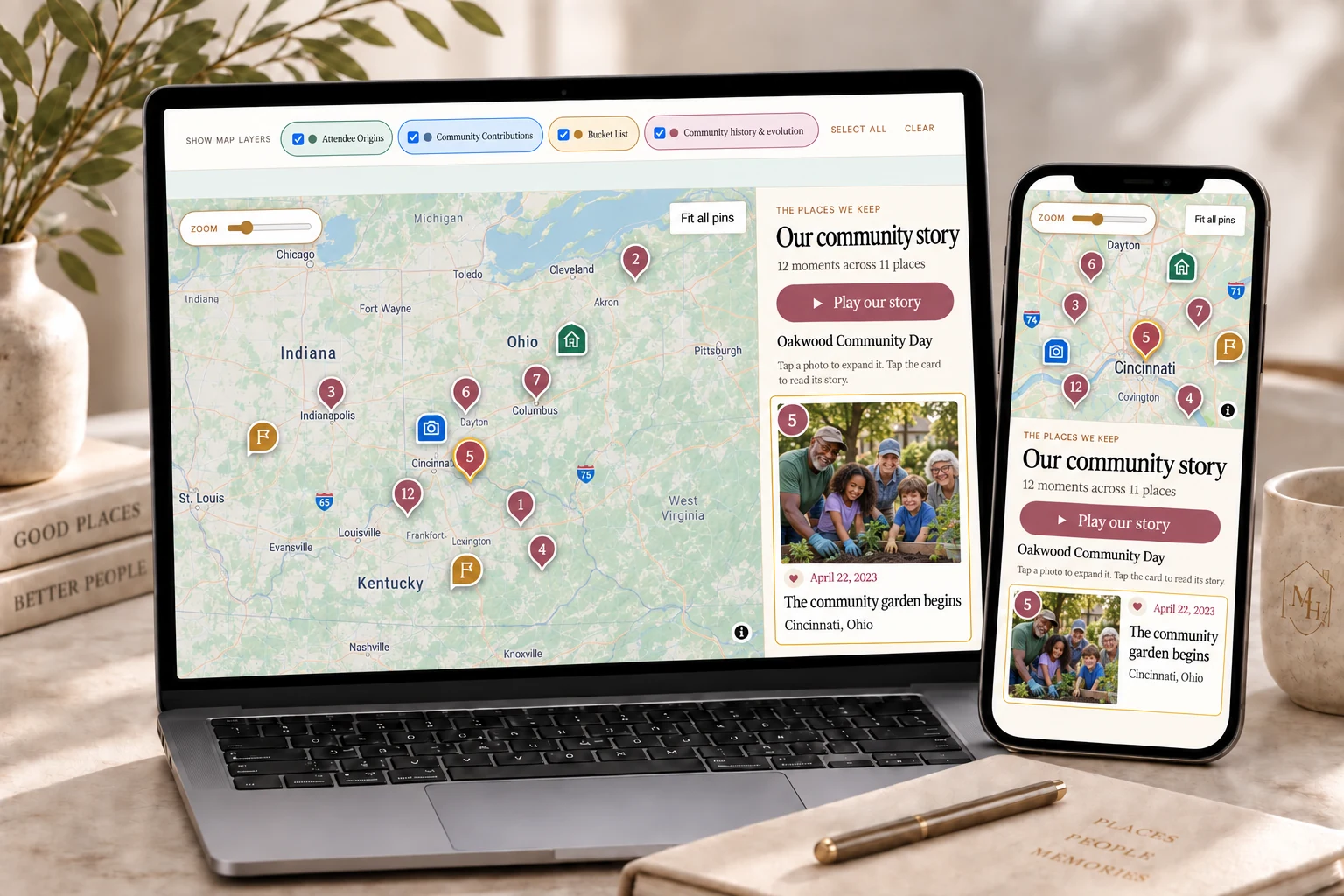 Events and Communities Memento Map showing attendee origins, organizations, venues, stories, and reach