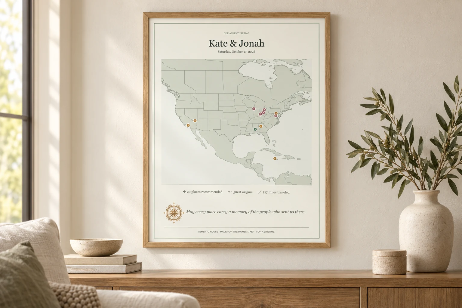 A finished Wedding Memento Map framed in the couple's home